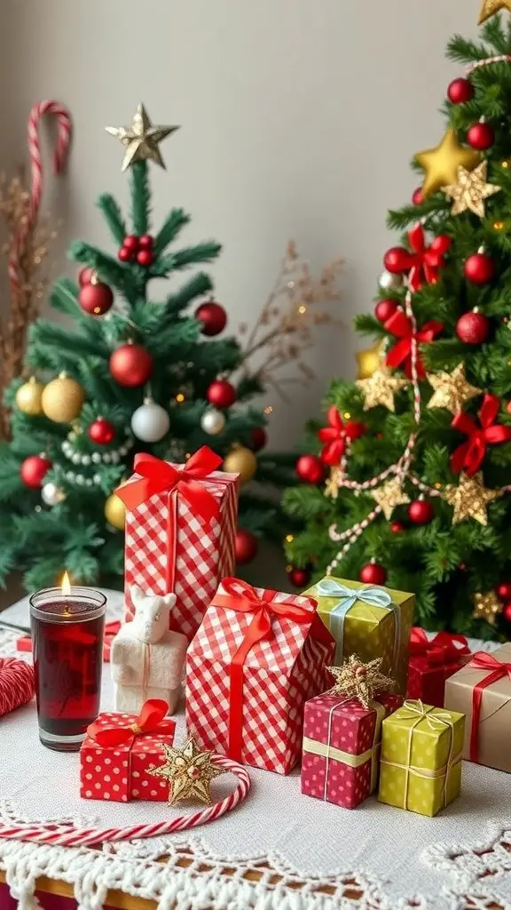 A festive display with two decorated Christmas trees, colorful gift boxes, and a candle.