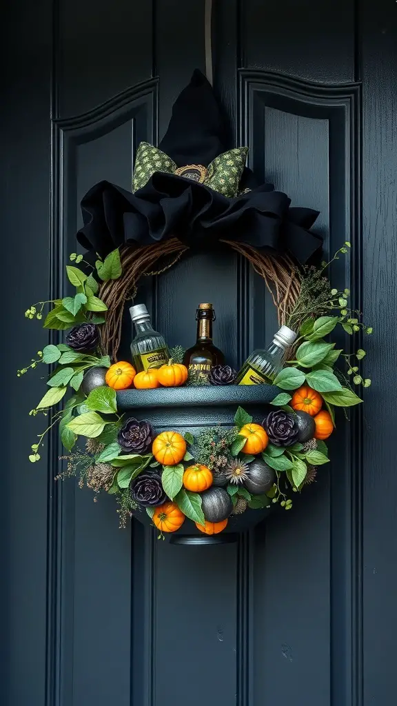 A Halloween wreath featuring a black witch's hat, pumpkins, sunflowers, and glass jars.
