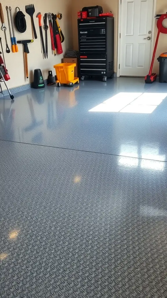 25+ Creative Garage Tile Floor Ideas to Transform Your Space 14 A garage with a shiny epoxy-coated floor, tools on the wall, and a tool chest.