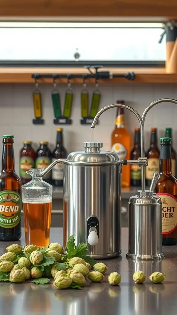 A craft beer brewing kit with a brewing pot, a glass of beer, and hops on a table.