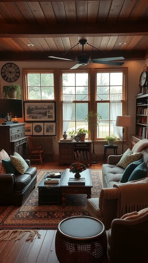 A cozy living room featuring dark wood accents, with comfortable seating and natural light.
