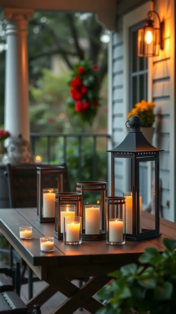 25+ Creative Front Porch Lighting Ideas to Brighten Your Home 20 A cozy front porch with candlelit lanterns and candles on a wooden table, creating a warm and inviting atmosphere.