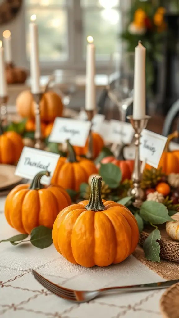 35+ Creative Fall Craft Ideas You’ll Love 16 A beautifully set table with small pumpkins as place cards and candles.