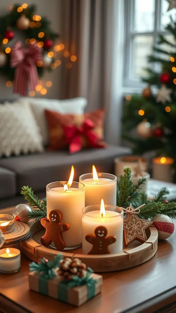 31+ Creative Gingerbread Christmas Decor Ideas You’ll Love 9 A cozy holiday scene featuring gingerbread scented candles surrounded by festive decorations.