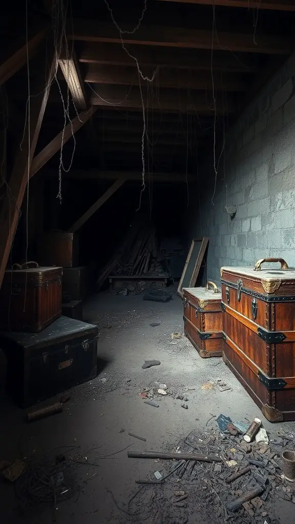 31+ Spooktacular Haunted House Ideas for Your Halloween Festival 16 A dusty attic with old trunks and cobwebs, creating a mysterious atmosphere.