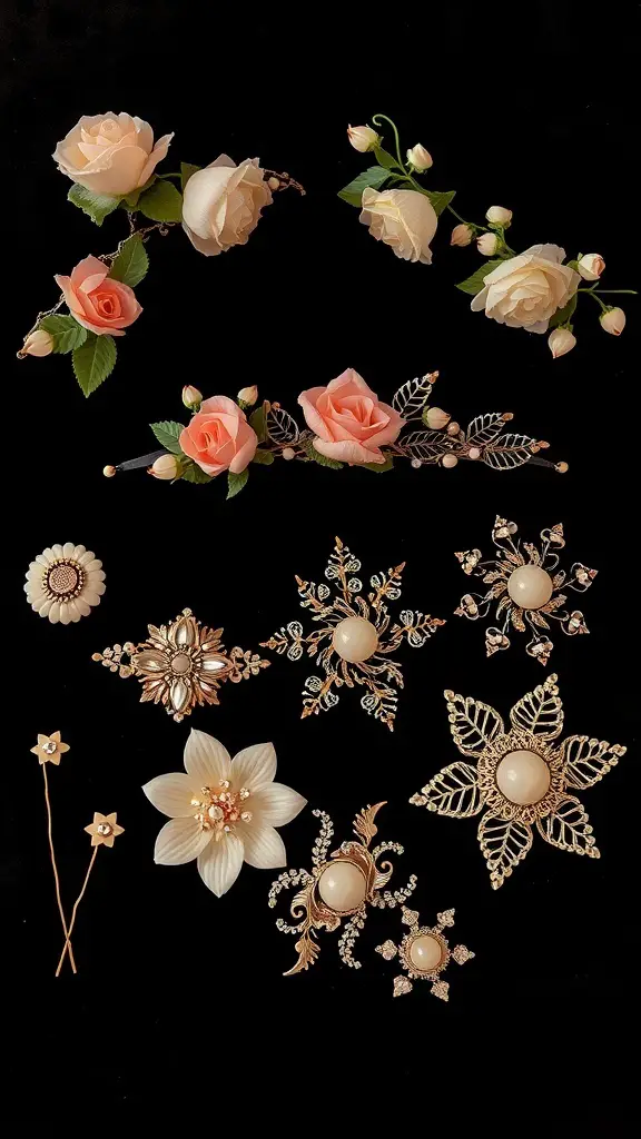 An assortment of bridal accessories including floral hairpieces and elegant brooches.