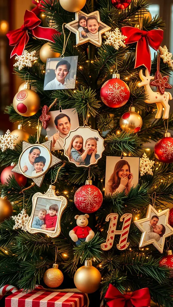 A Christmas tree decorated with family photo ornaments, showcasing various pictures of family members among traditional decorations.