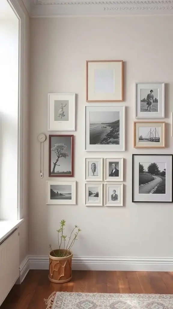 25+ Stunning Items to Achieve a Stockholm-Style Room Makeover 14 A wall filled with various framed black-and-white photographs and artwork, complemented by a potted plant.