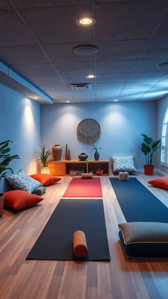 27+ Creative Open Basement Ideas You’ll Love 19 A serene basement yoga and meditation space with mats, cushions, and soft lighting.