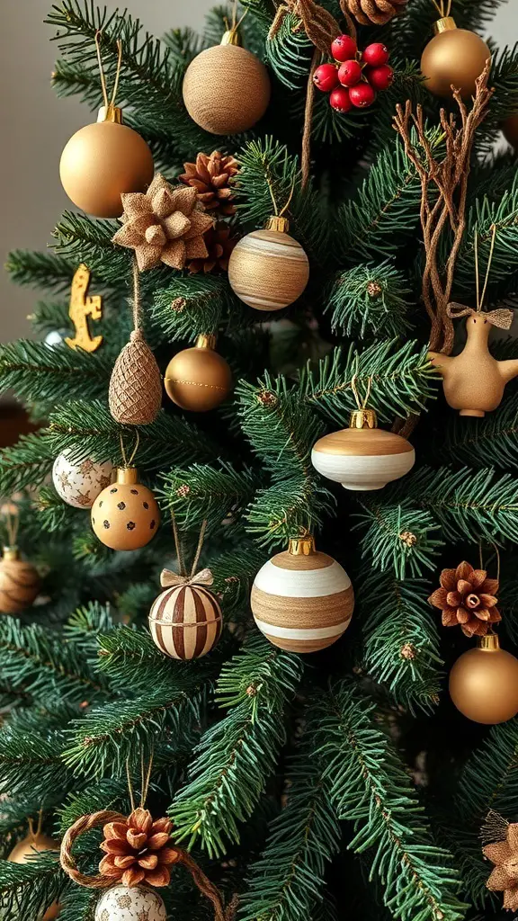 23+ Vintage Christmas Tree Ideas for a Festive Holiday Look 16 A vintage Christmas tree adorned with handcrafted wooden ornaments, including various shapes and natural finishes.