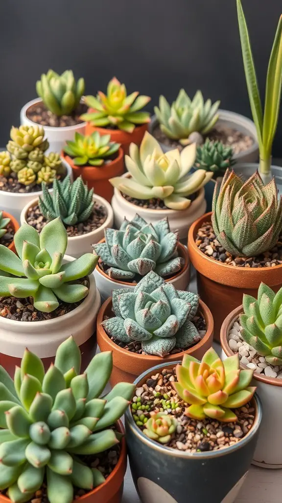 A collection of various succulents in different pots, showcasing their unique shapes and colors.