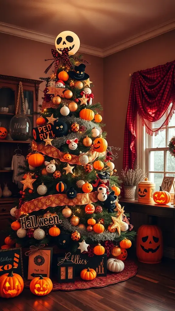 29+ Creative Halloween Christmas Tree Ideas to Spook Up Your Holiday Decor 8 A Christmas tree decorated with Halloween elements, featuring pumpkins, spooky ornaments, and festive lights.