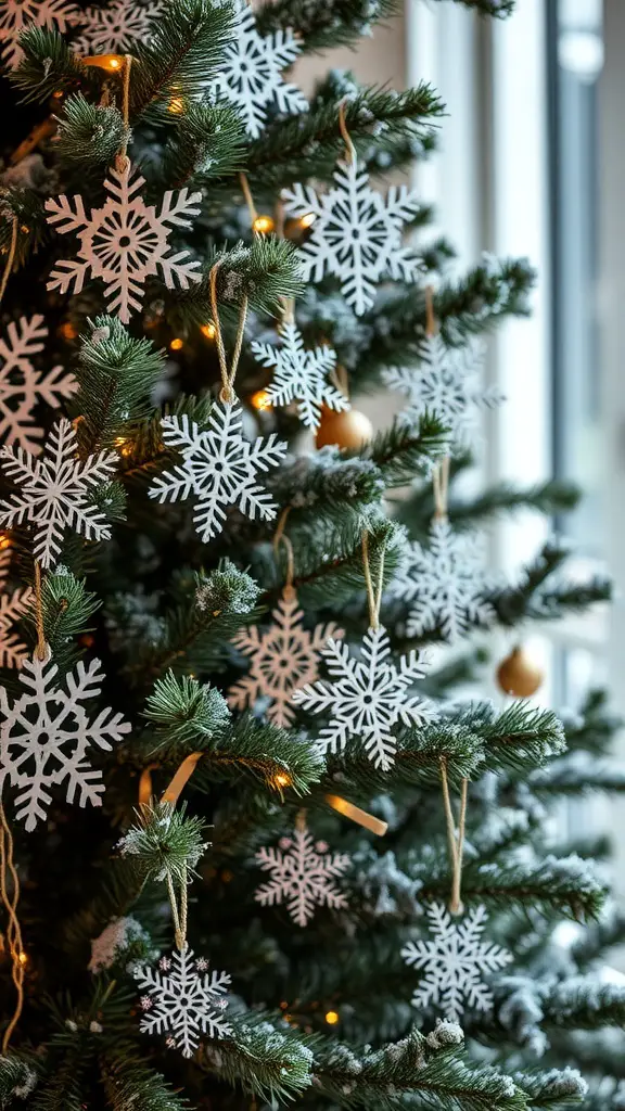 A Christmas tree decorated with handmade paper snowflakes and warm lights.