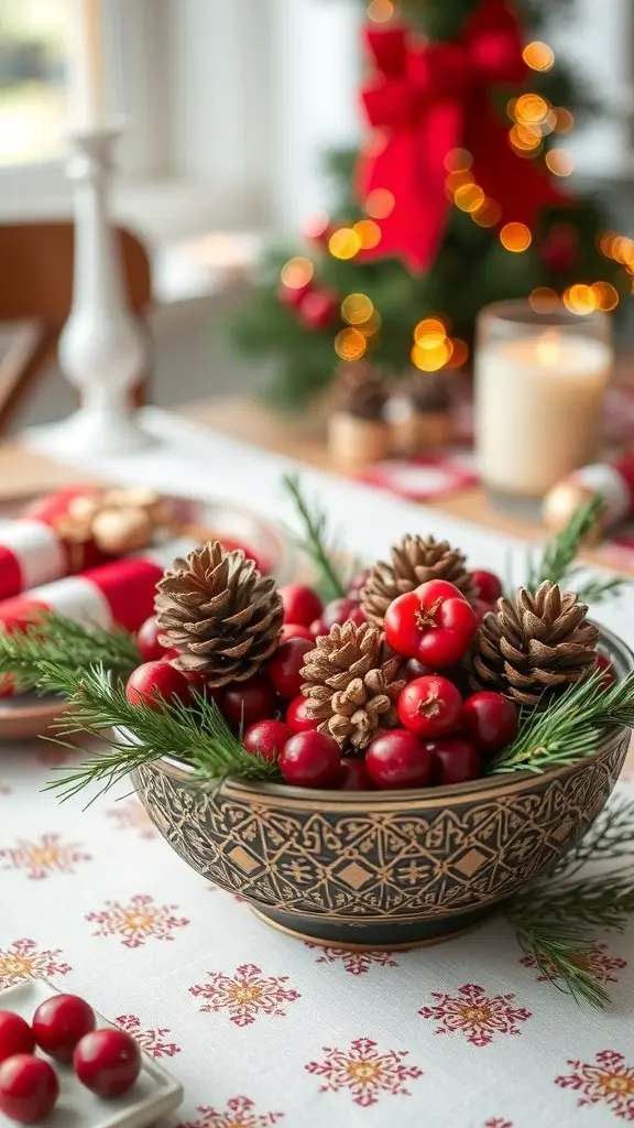 29+ Creative Thanksgiving Party Decorations You Need to Try 9 A bowl filled with cranberries and pinecones, surrounded by festive decorations.