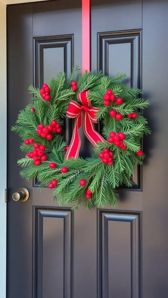 33+ Festive Christmas Party Decor Ideas to Elevate Your Holiday Celebration 14 A festive holiday wreath with green foliage, red berries, and a ribbon, hanging on a black door.