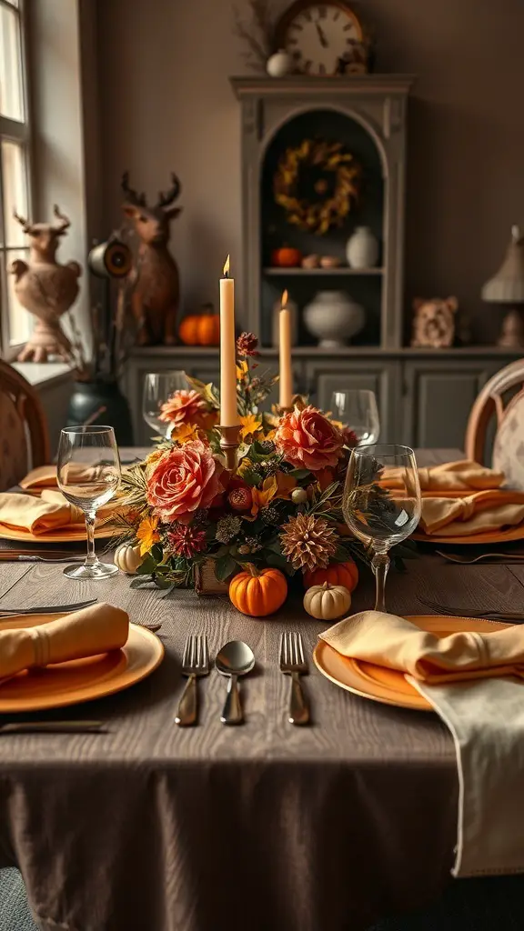 25+ Stunning Fall Dining Table Decor Ideas You Need to Try 9 A fall dining table decorated with orange plates, floral arrangements, and small pumpkins.