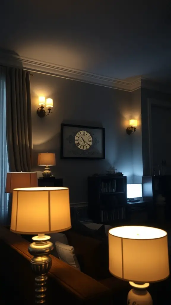 A cozy dark cottagecore living room with layered lighting from various lamps and wall sconces.