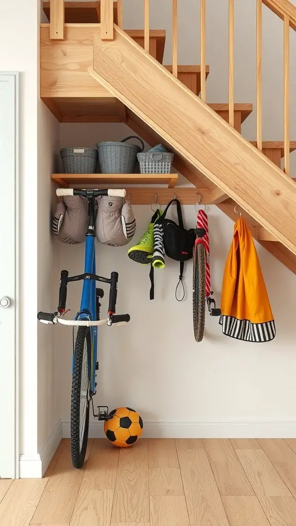 25+ Creative Under Stairs Storage Ideas for Every Home 21 Under stairs storage with a bicycle, sports equipment, and organized baskets.