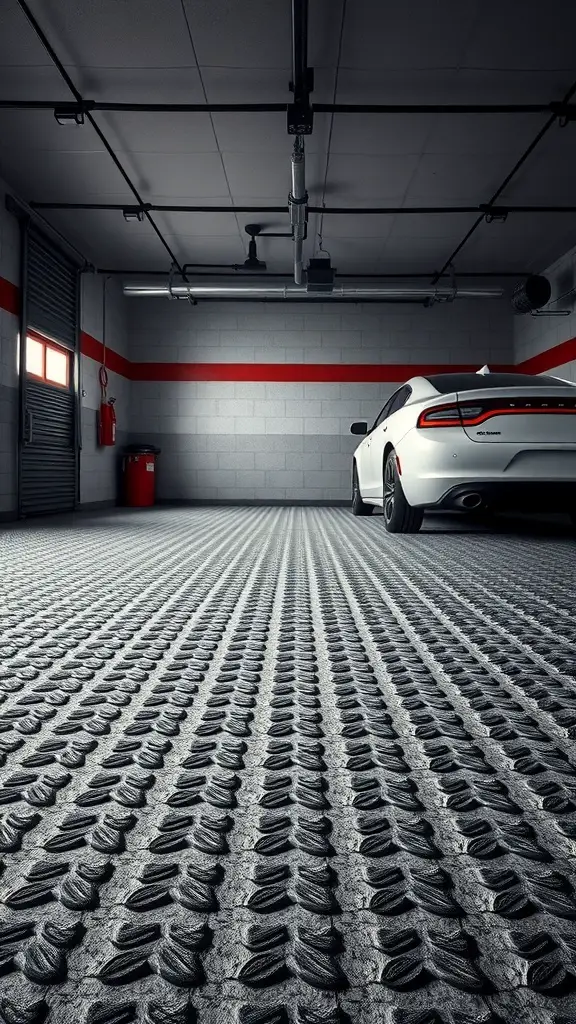25+ Creative Garage Tile Floor Ideas to Transform Your Space 11 A modern garage featuring rubber tile flooring and a white car parked inside.