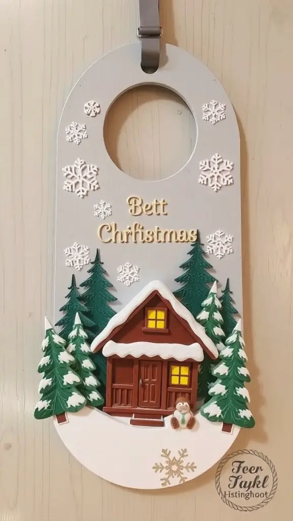 A winter wonderland scene featuring a cozy log cabin surrounded by snow-covered trees and falling snowflakes.
