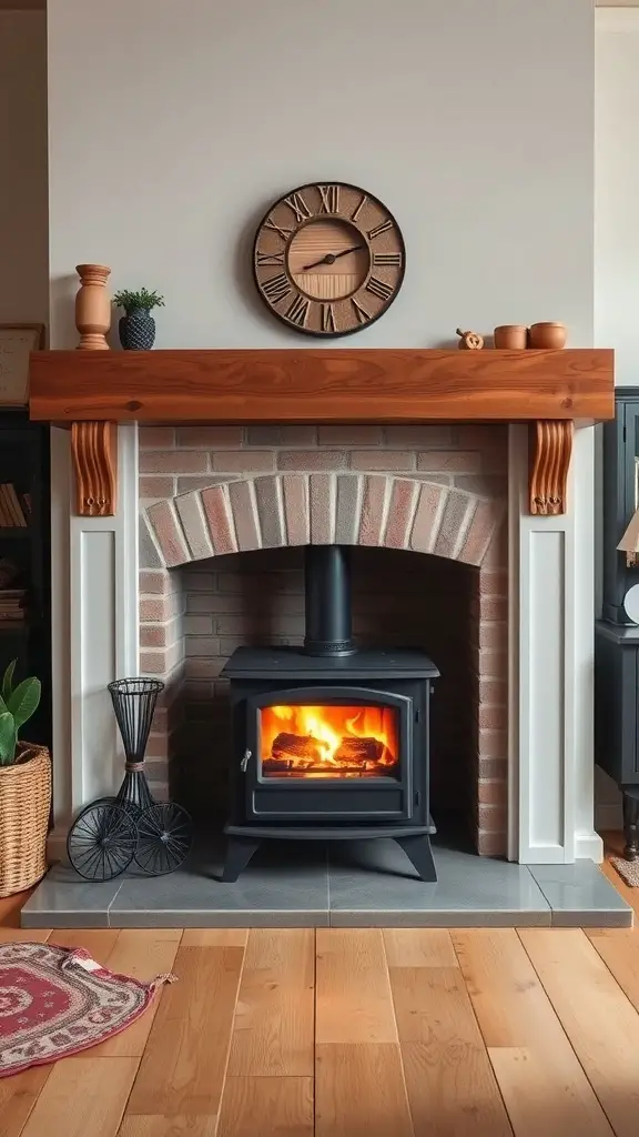 Wood stove with a custom wooden mantel and brick surround, featuring decorative elements.