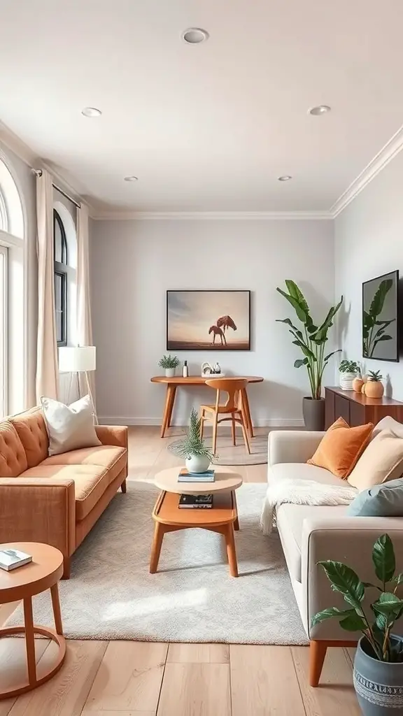27+ Stunning Small Living Room and Dining Area Combinations 13 A small living room with a dining area featuring cozy sofas, a dining table, and plants.