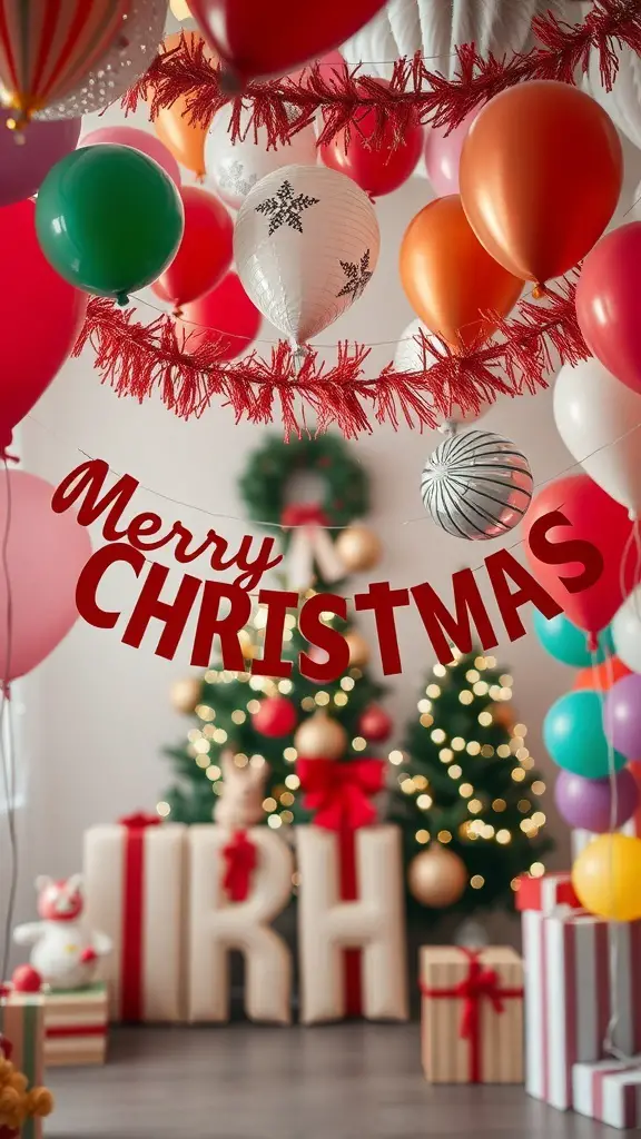 33+ Festive Christmas Party Decor Ideas to Elevate Your Holiday Celebration 8 A festive Christmas party scene with a 'Merry Christmas' banner, colorful balloons, and decorated trees.