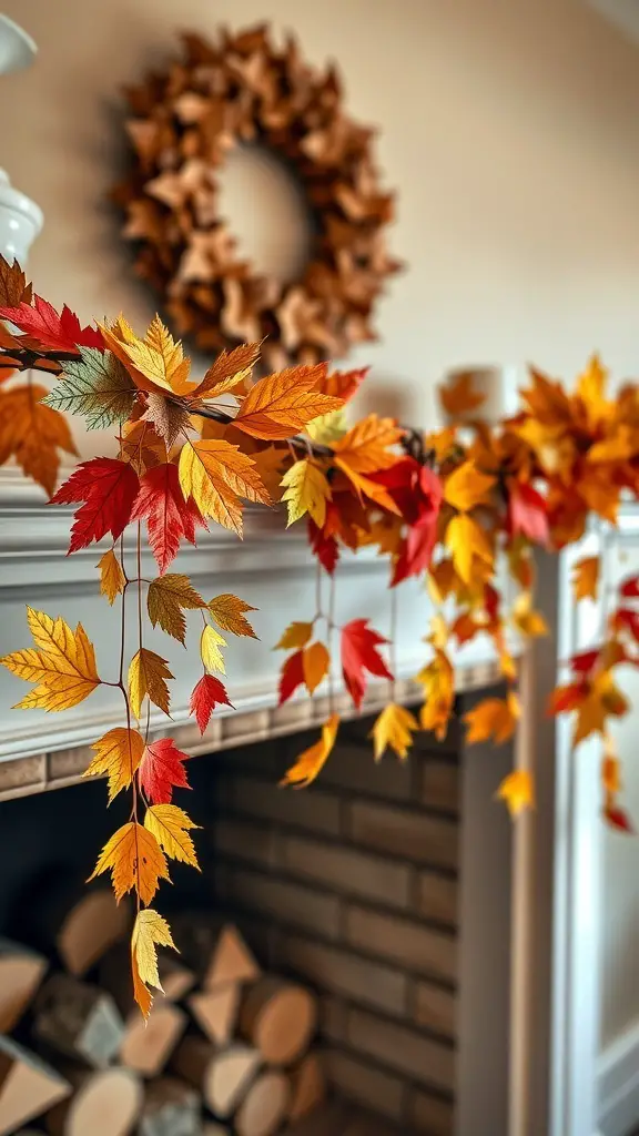 A colorful fall garland made of leaves hanging above a fireplace.
