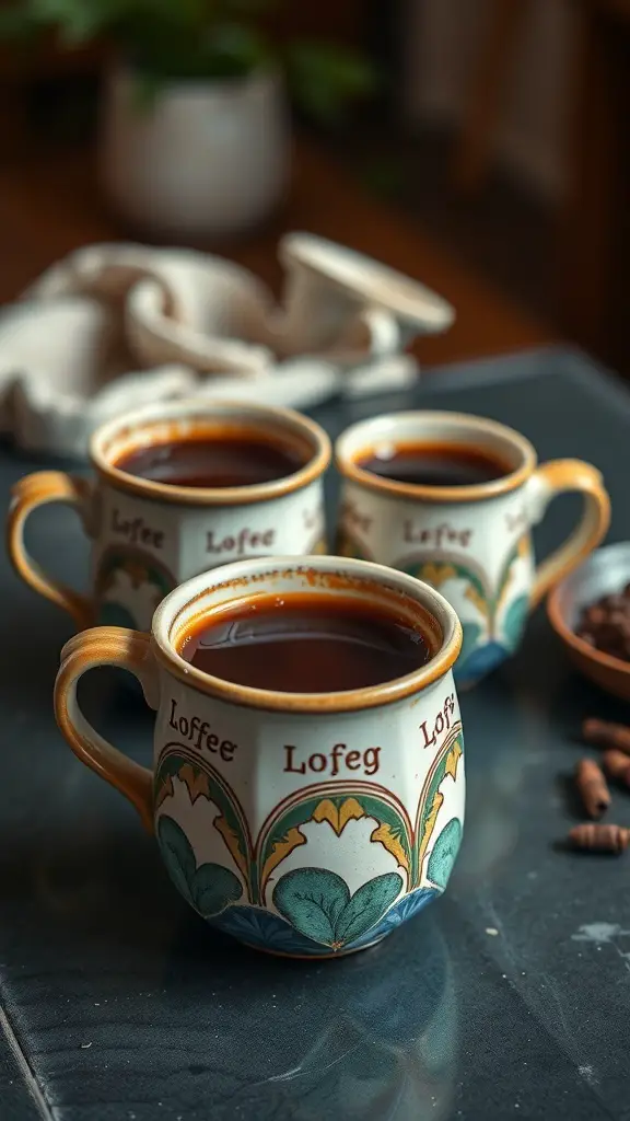 Three handcrafted ceramic mugs filled with coffee, placed on a dark surface with coffee beans nearby.