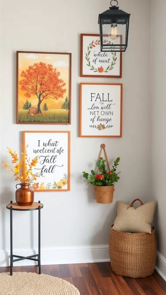 A cozy entryway decorated with autumn-inspired wall art, featuring framed prints of leaves, pumpkins, and autumn quotes.