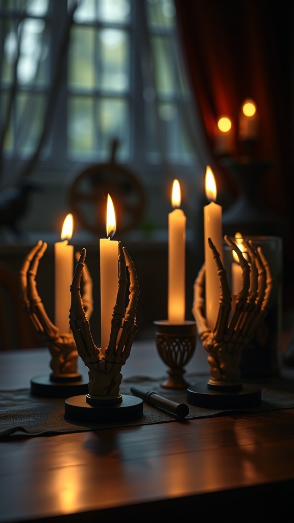 29+ Creative Halloween DIY Decorations to Scare Up Your Home 15 A table with skeleton hand candle holders, featuring flickering candles and a cozy atmosphere.