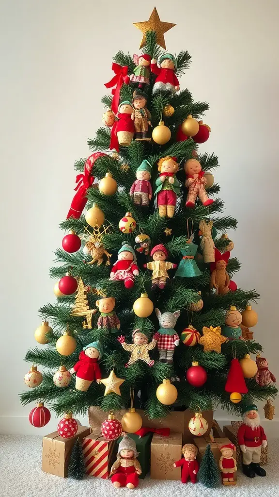 23+ Vintage Christmas Tree Ideas for a Festive Holiday Look 13 A vintage Christmas tree decorated with colorful ornaments and dolls, evoking nostalgia.