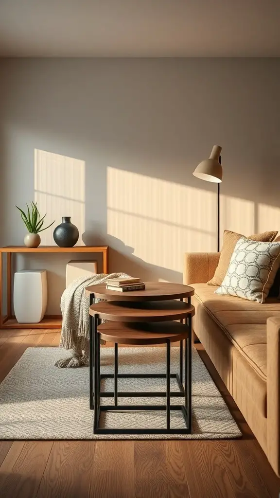 29+ Small Room Organization Ideas You Need to Try 19 A cozy living room featuring nesting tables, a sofa, and decorative items.