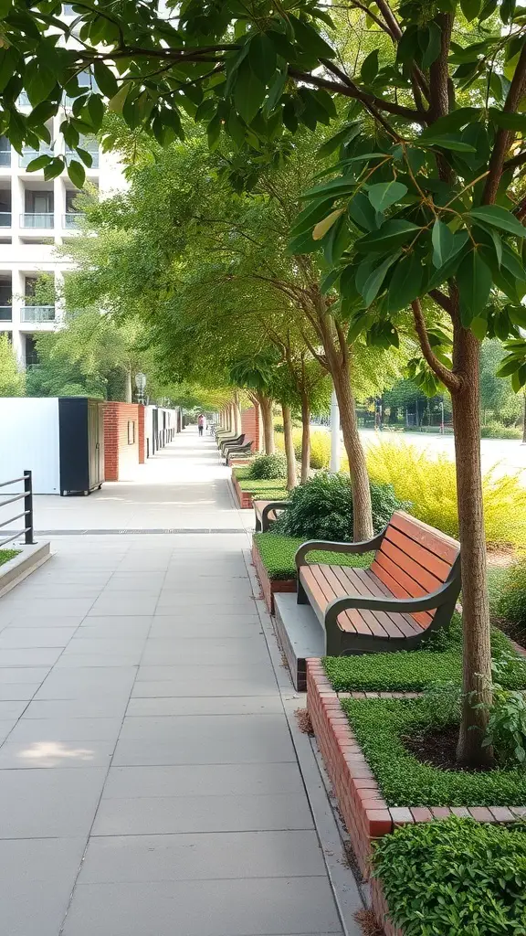 25+ Stunning Sidewalk Landscaping Ideas to Elevate Your Curb Appeal 15 A landscaped sidewalk featuring benches and trees, creating a relaxing atmosphere.