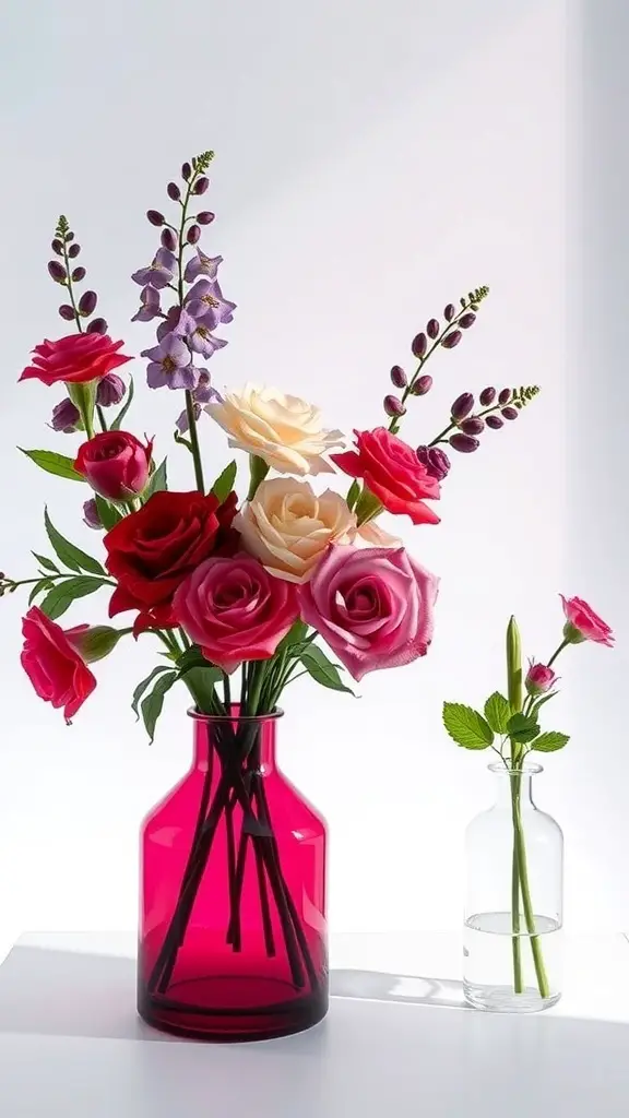 21+ Adorable Ralph Lauren Baby Shower Decor Ideas You’ll Love 10 A vibrant pink vase filled with colorful roses and a smaller clear vase with a delicate flower.