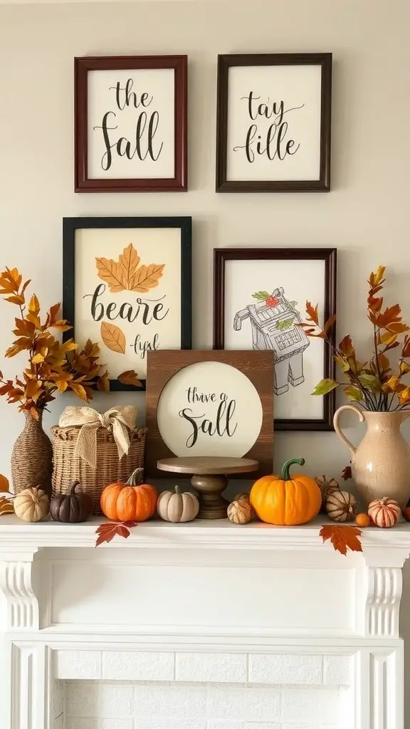 27+ Stunning Fall Mantle Decor Ideas You’ll Love 10 A fall-themed mantle decorated with family photos, pumpkins, and autumn leaves.