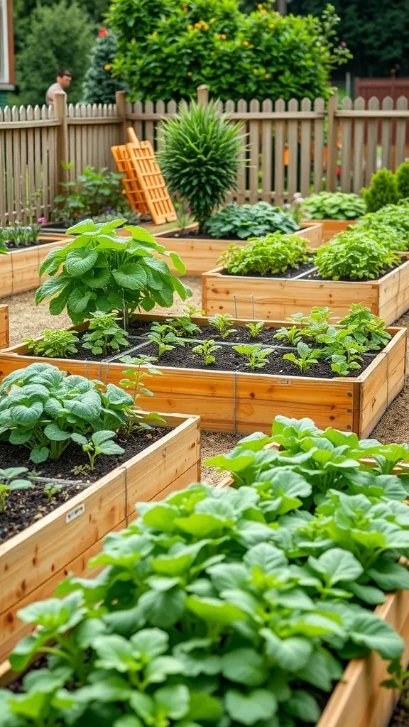 A garden with raised vegetable beds filled with various plants and vegetables.