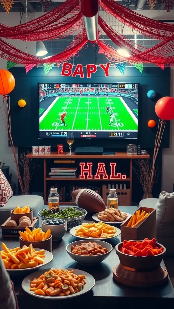 A festive Super Bowl party setup with snacks, drinks, and a football game on TV.