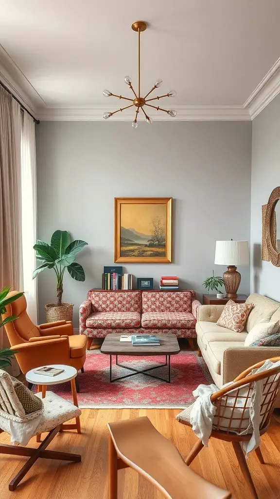 19+ Stunning Vintage Maximalism Decor Ideas to Transform Your Space 9 A cozy living room featuring a mix of vintage and modern furniture, warm colors, and decorative plants.