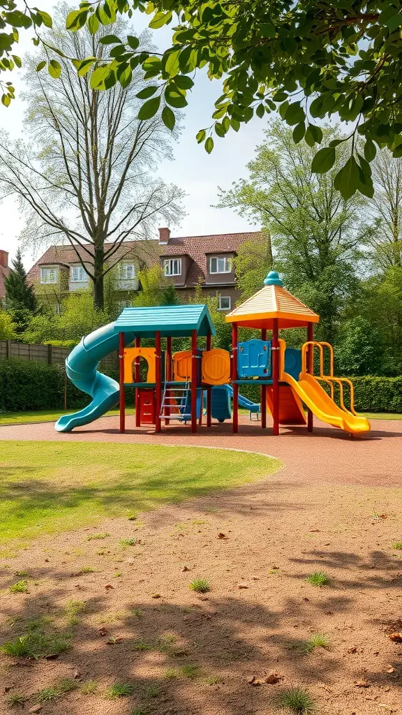 Colorful children's playground with slides and climbing structures in a garden