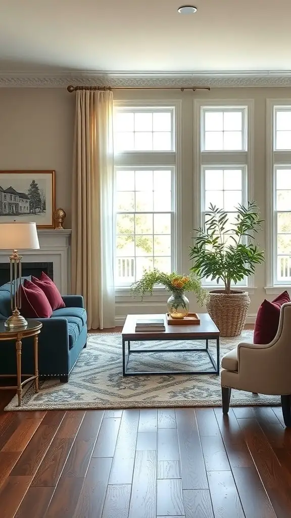 25+ Stunning Ralph Lauren Living Room Ideas for a Classic Makeover 9 A stylish living room with a teal sofa, burgundy pillows, large windows, and wooden floors.