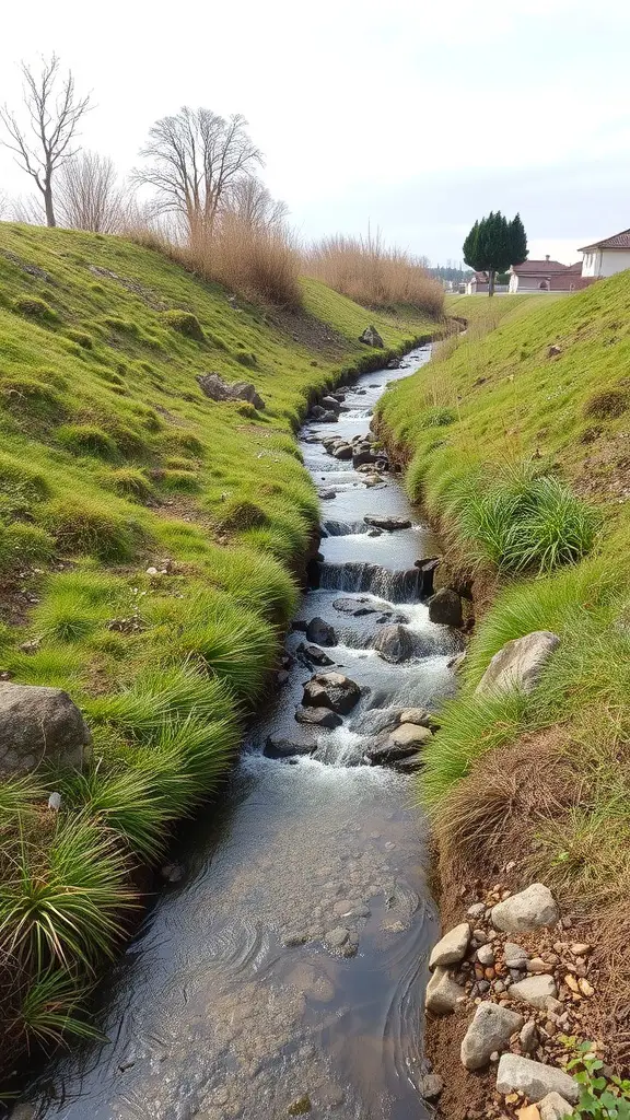 A natural swale with flowing water, grassy banks, and rocks.
