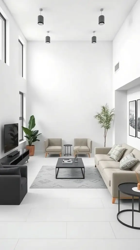 A minimalist living room in a loft space featuring neutral colors, modern furniture, and plants.