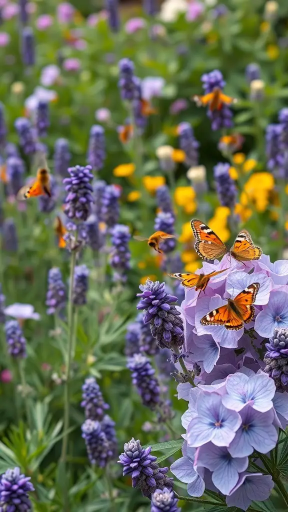 21+ Stunning Lavender and Hydrangea Landscaping Ideas to Transform Your Garden 13 A vibrant garden with lavender and hydrangea flowers, attracting butterflies and pollinators.