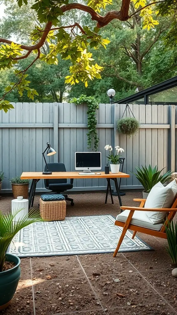 A cozy backyard office setup with a desk, chair, and plants.