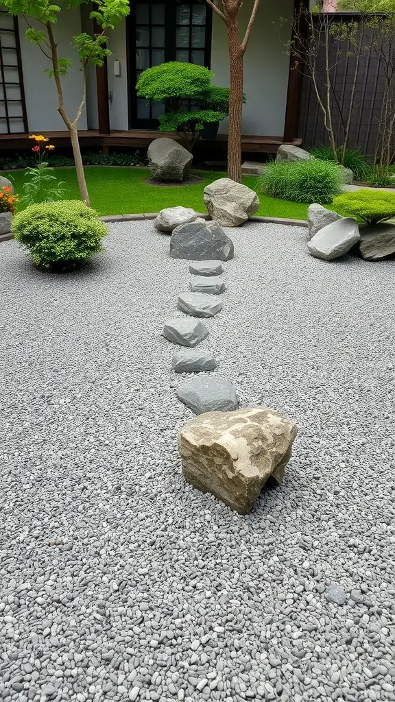 25+ Inspiring Rock Bed Landscaping Ideas for Your Garden 14 A Zen garden featuring rocks and bonsai trees, designed for tranquility.