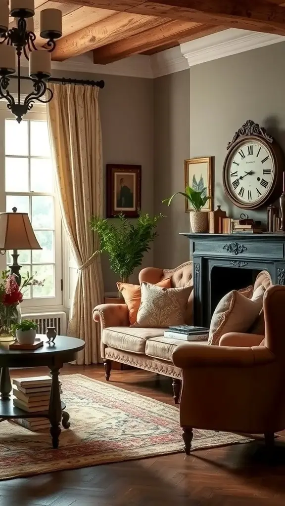27+ Stunning French Country Living Room Inspirations 9 A cozy French country living room featuring antique accents, warm tones, and a vintage clock.