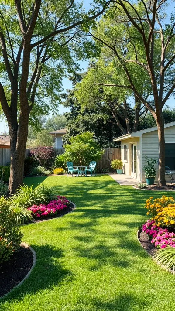 A backyard office surrounded by trees and flowers, featuring a small table and chairs.