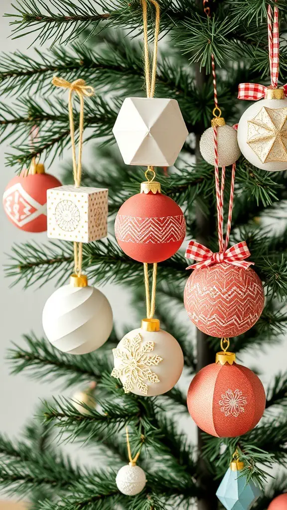 A variety of colorful DIY Christmas tree ornaments hanging on a green tree.
