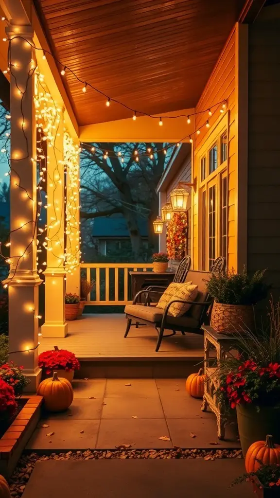 A cozy front porch decorated with string lights, pumpkins, and autumn flowers.